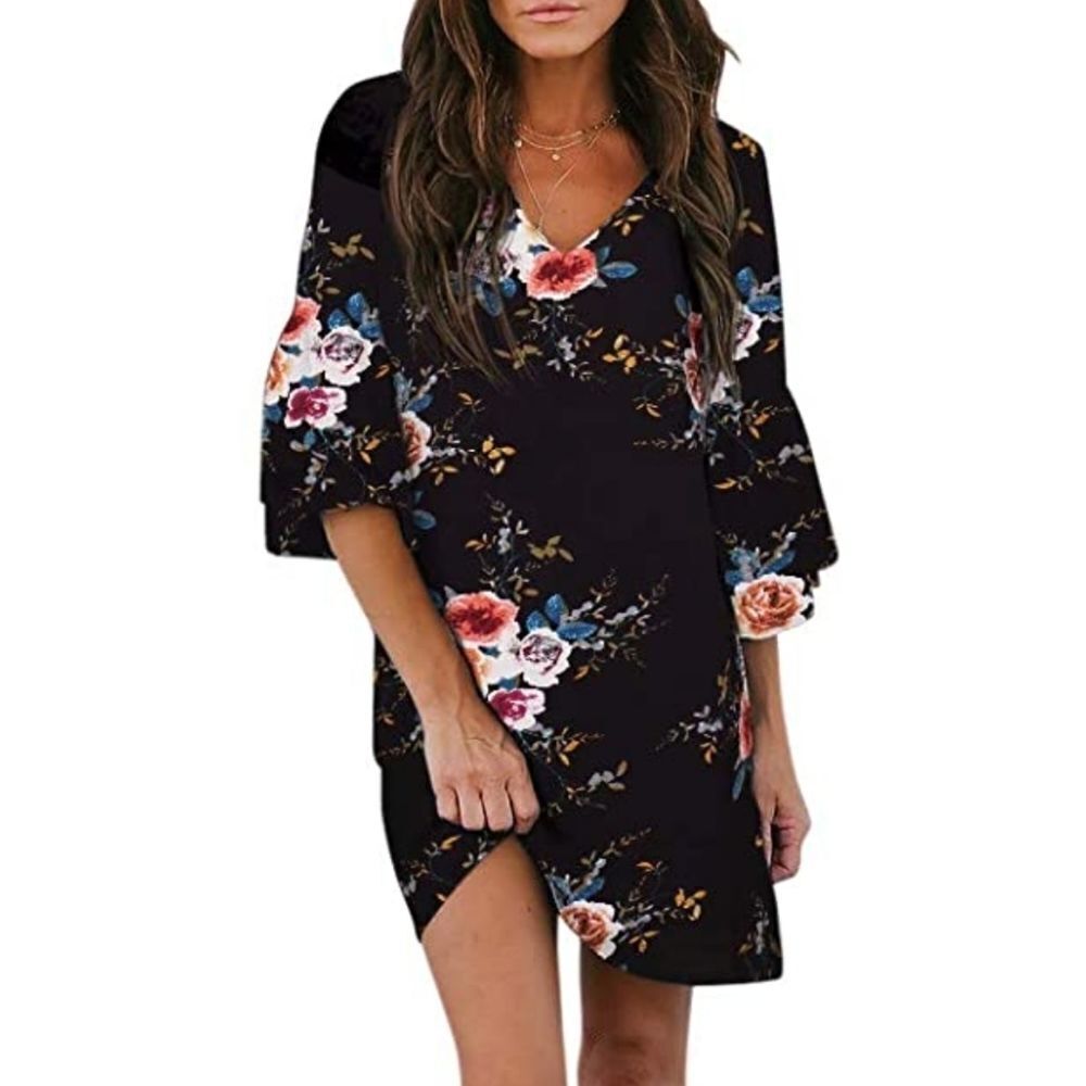 BELONGSCI Floral Dress V-Neck Bell Sleeve Dress Size XS NWOT